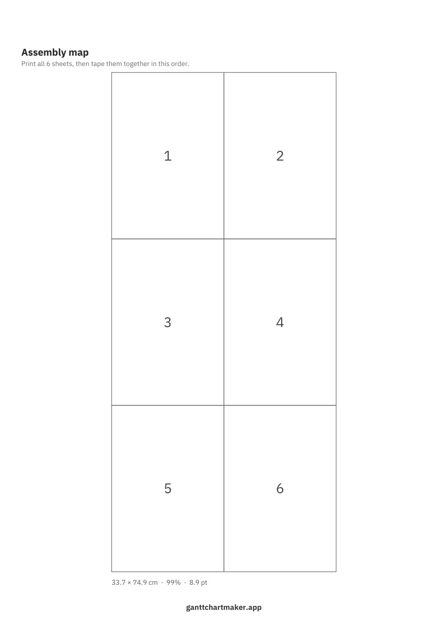 The assembly map page: a grid of two columns and three rows numbered 1 to 6, with the poster size of 34 by 75 centimetres underneath.