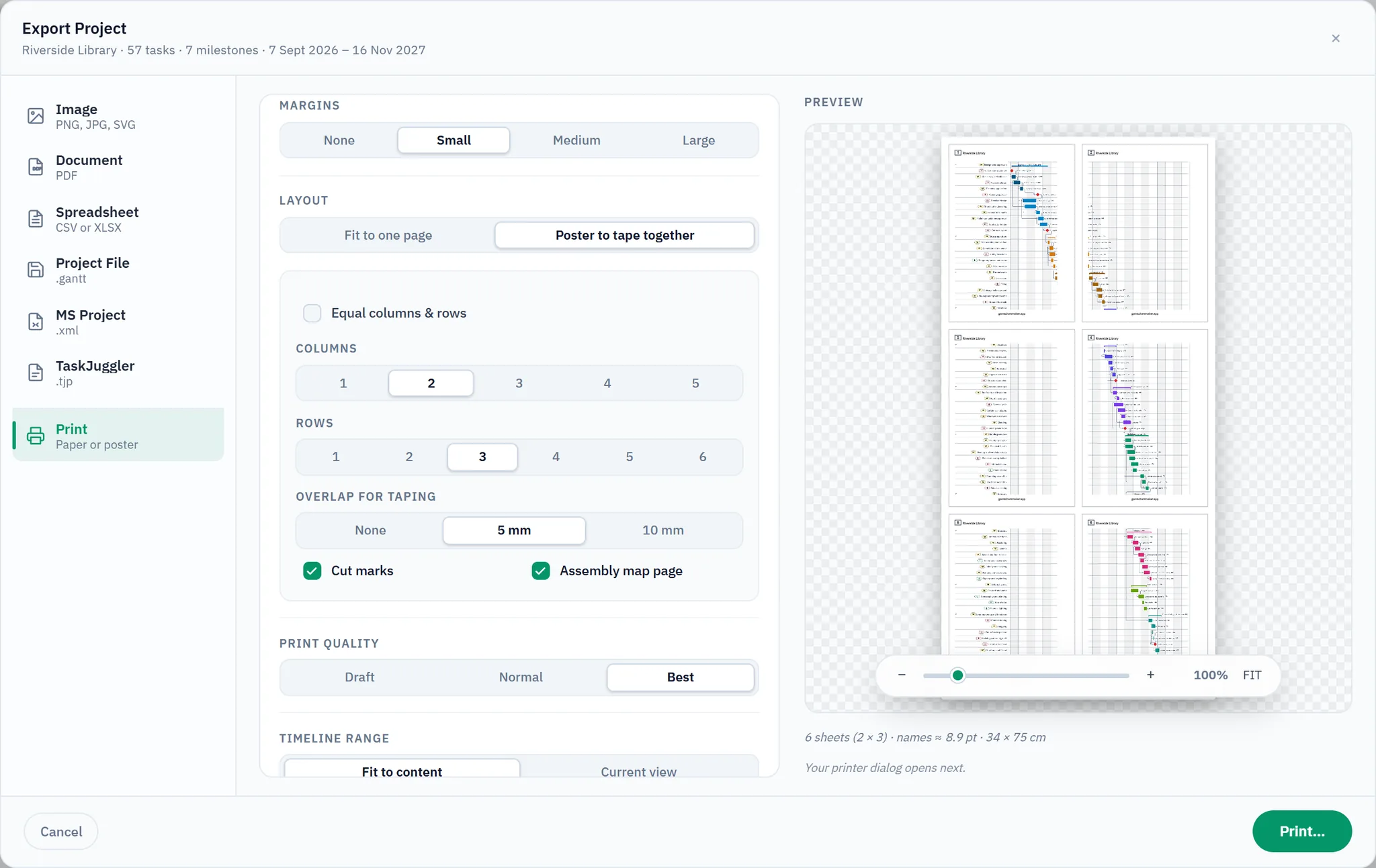 The Print tab of the export window: Poster to tape together is selected, the sheets are set to two columns and three rows with a 5 mm overlap, cut marks and an assembly map are on, and the preview shows six numbered A4 pages.